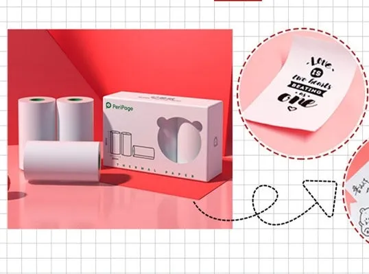 Portable mini thermal label printer in white, 7.9 x 7.9 x 4.2cm, with rechargeable battery and thermal paper roll