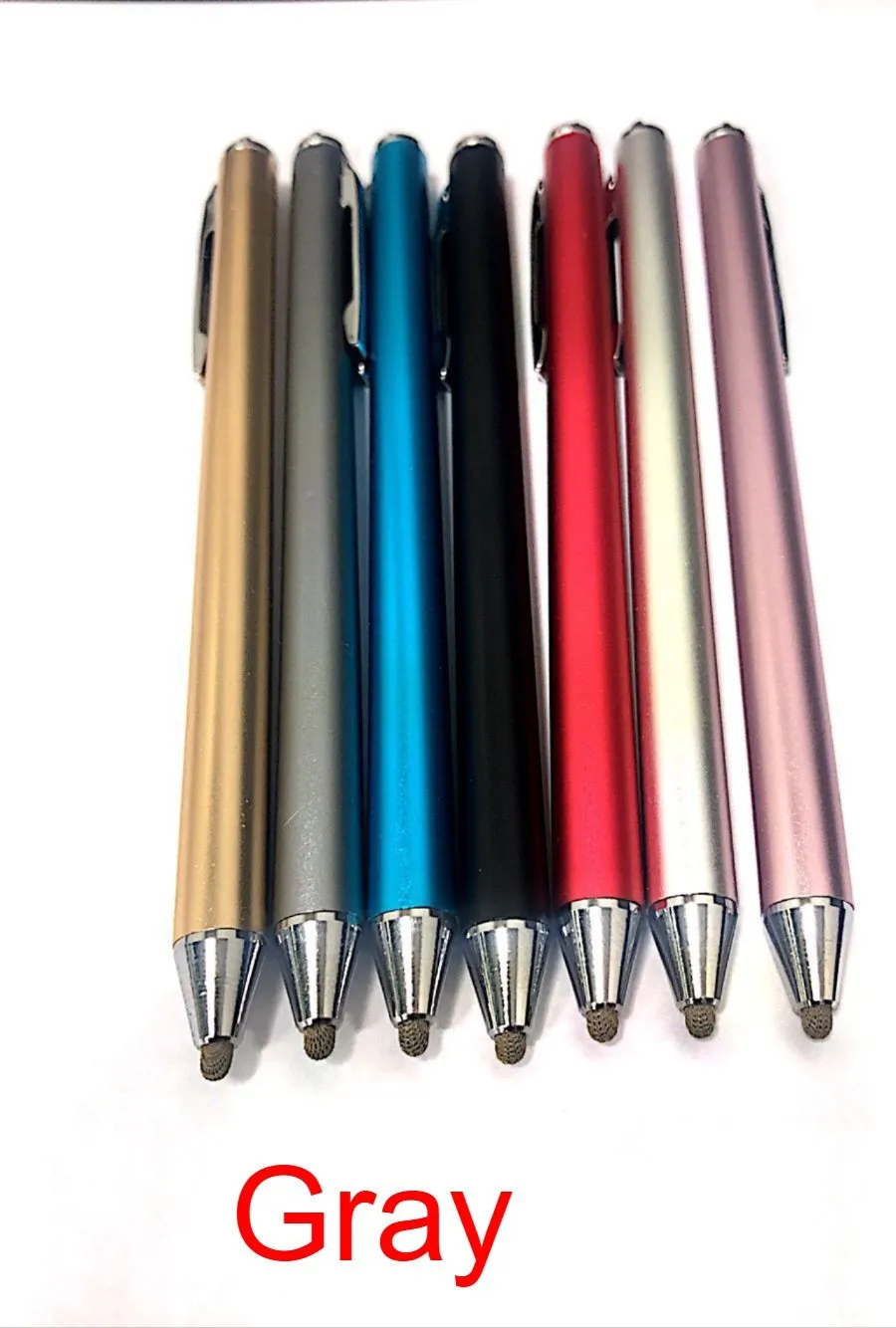 Metal shell stylus with a fine tip for touch screen phones and tablets, shown in multiple colours.