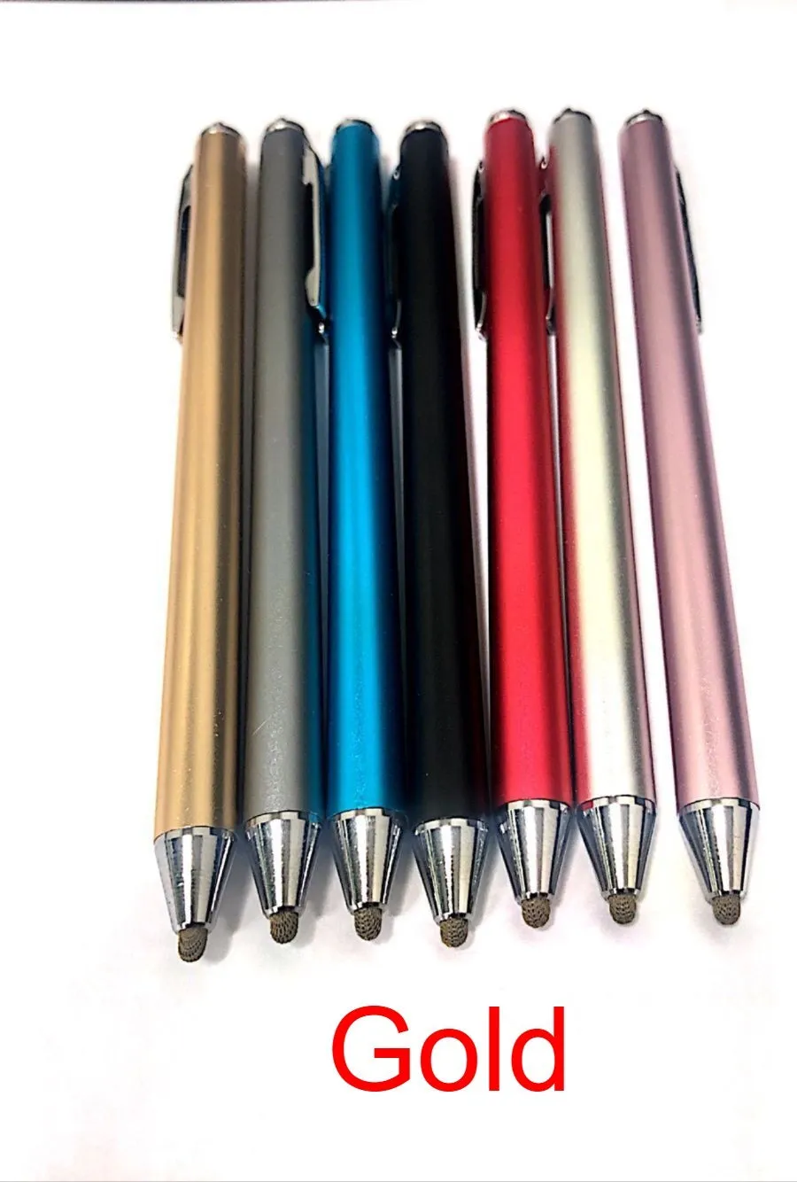 Metal shell stylus with a fine tip for touch screen phones and tablets, shown in multiple colours.