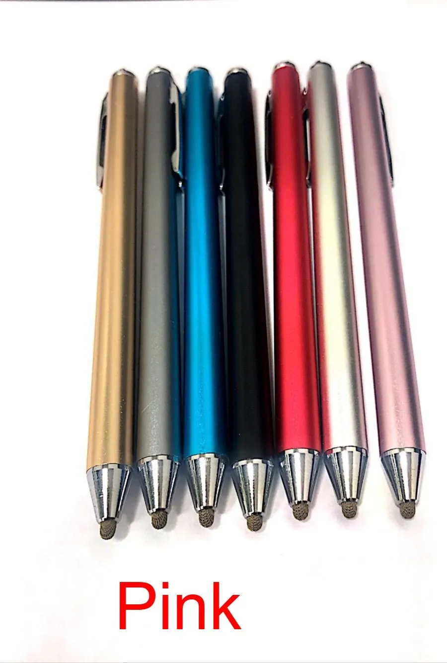 Metal shell stylus with a fine tip for touch screen phones and tablets, shown in multiple colours.