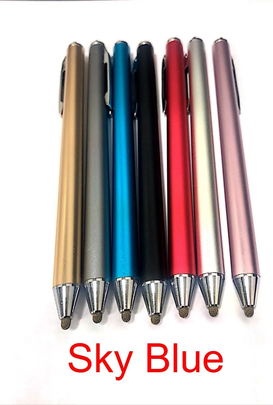 Metal shell stylus with a fine tip for touch screen phones and tablets, shown in multiple colours.