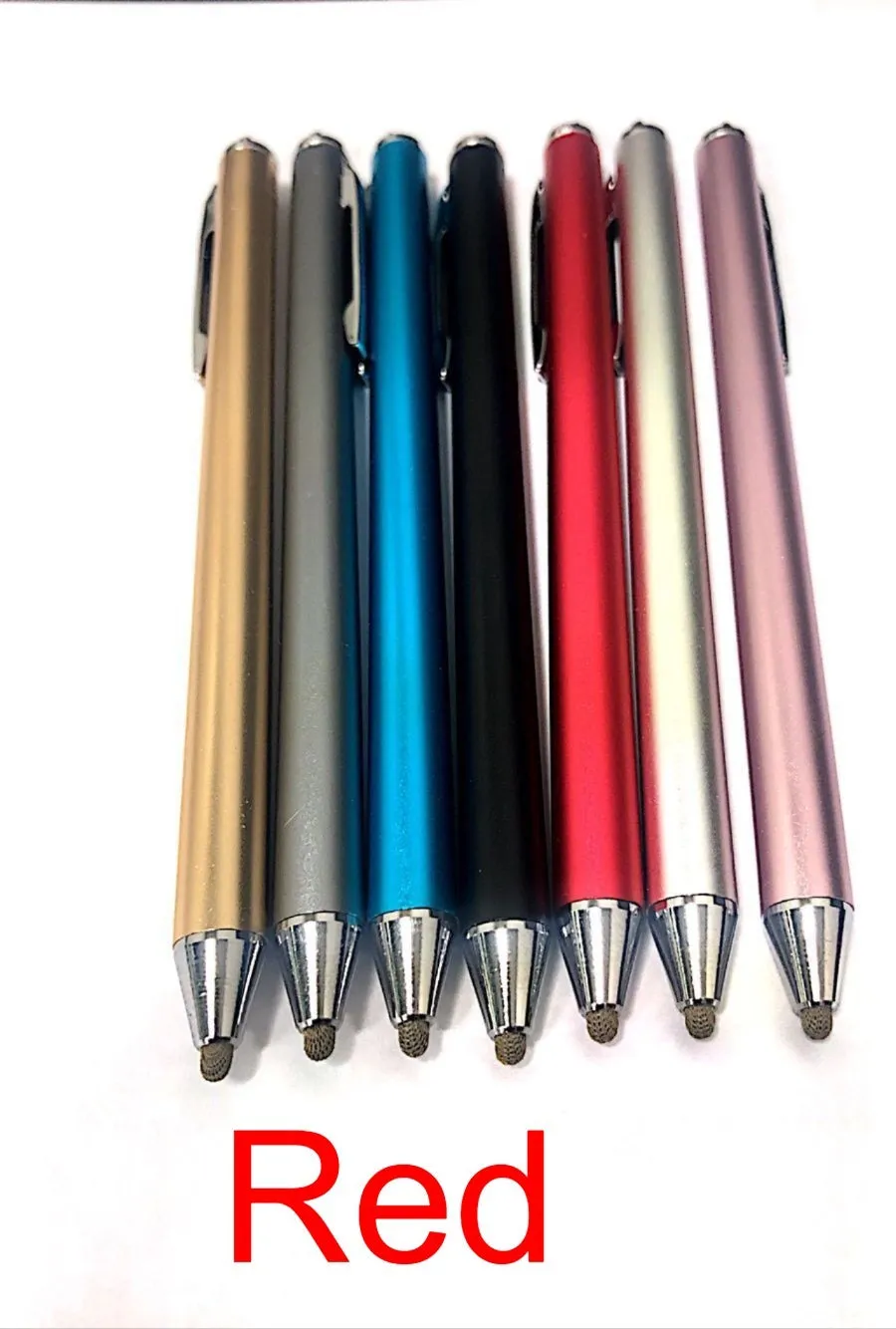Metal shell stylus with a fine tip for touch screen phones and tablets, shown in multiple colours.