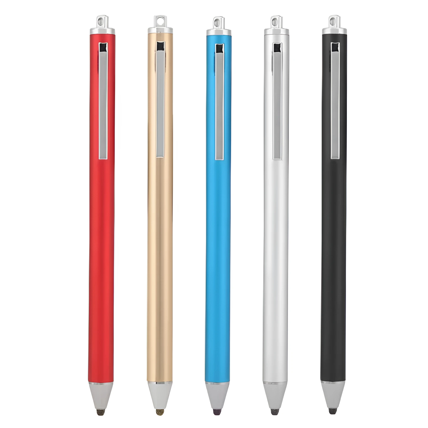 Metal shell stylus with a fine tip for touch screen phones and tablets, shown in multiple colours.