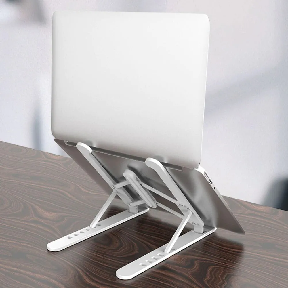 Adjustable non-slip laptop cooling stand in black with six height gears, folded flat on a desk