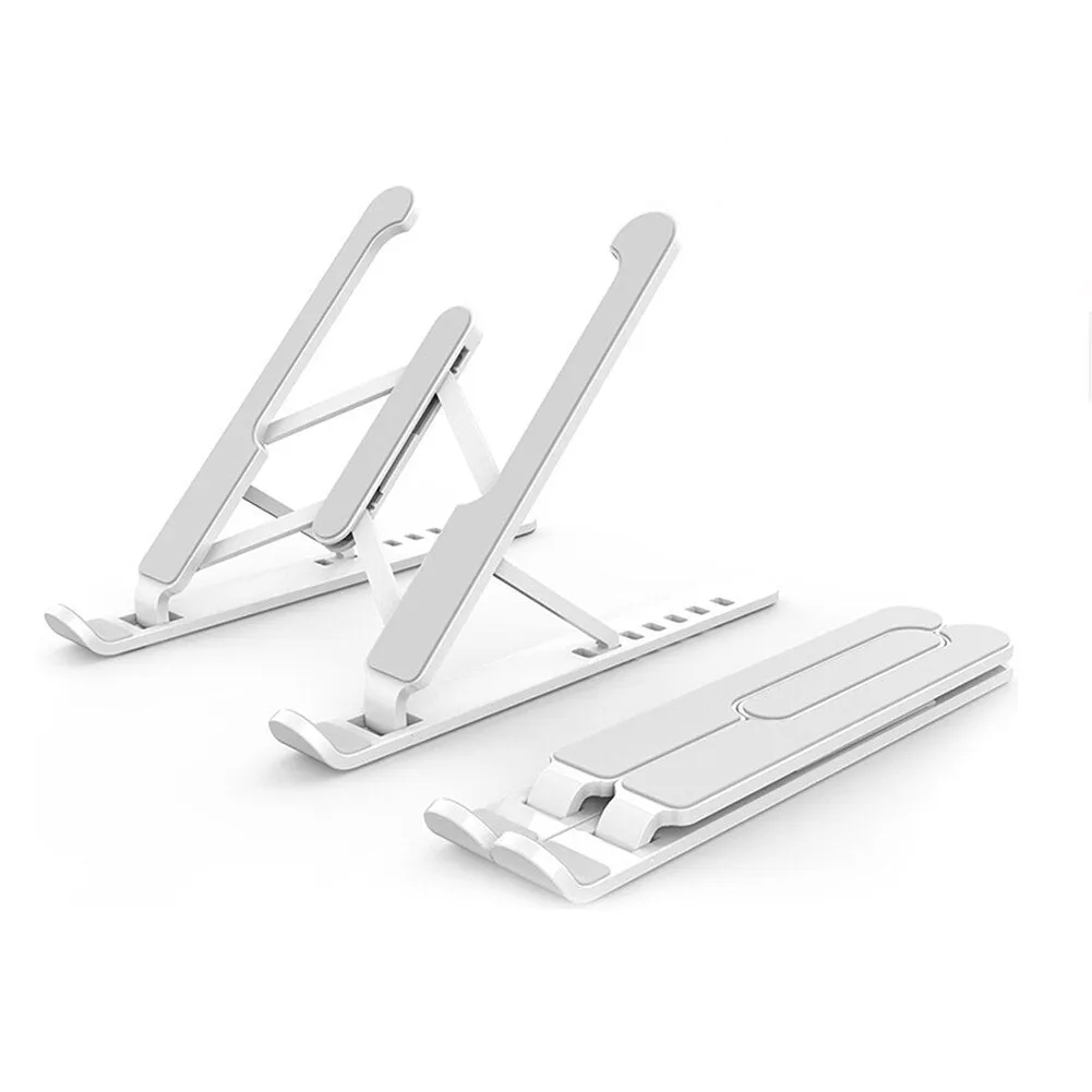 Adjustable non-slip laptop cooling stand in black with six height gears, folded flat on a desk