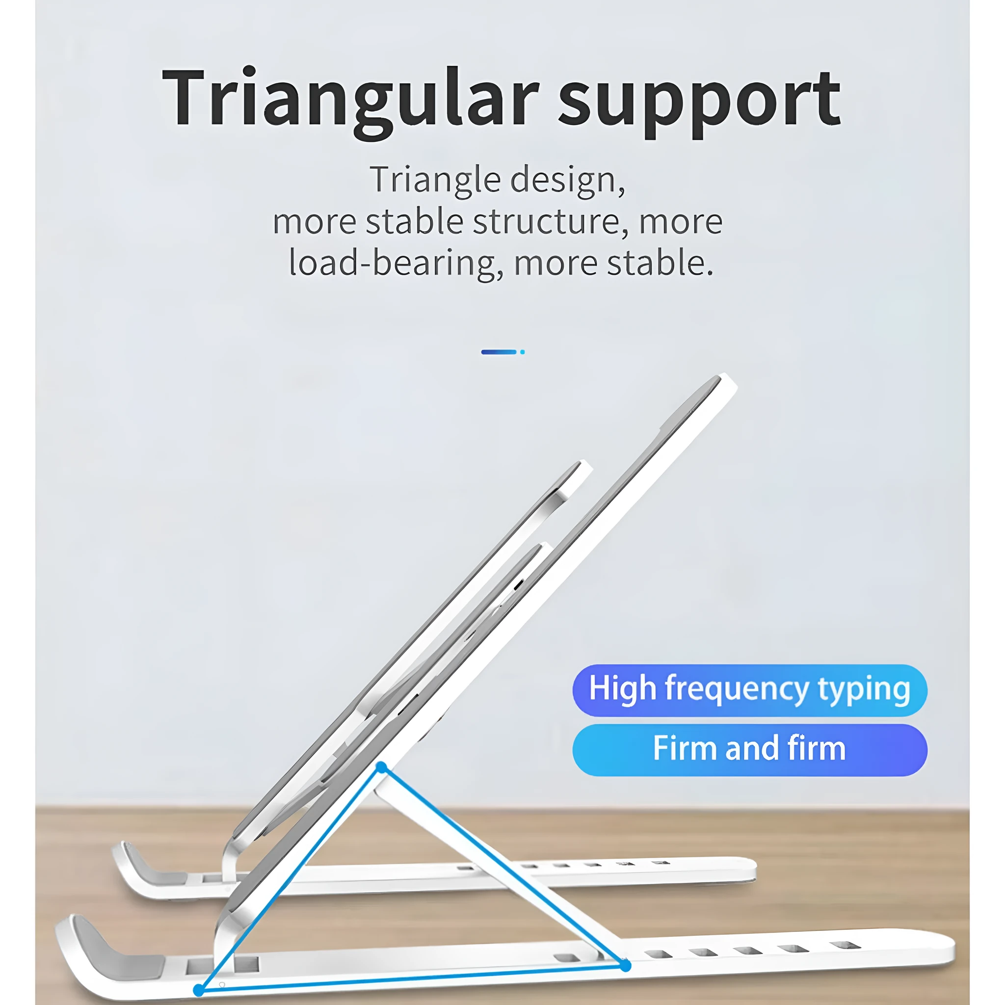 Adjustable non-slip laptop cooling stand in black with six height gears, folded flat on a desk