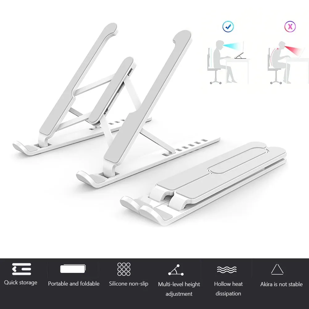 Adjustable non-slip laptop cooling stand in black with six height gears, folded flat on a desk