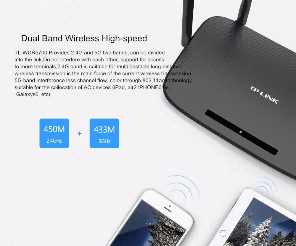 TP-Link dual band smart wireless router in white with four LAN ports and two antennas on a desk