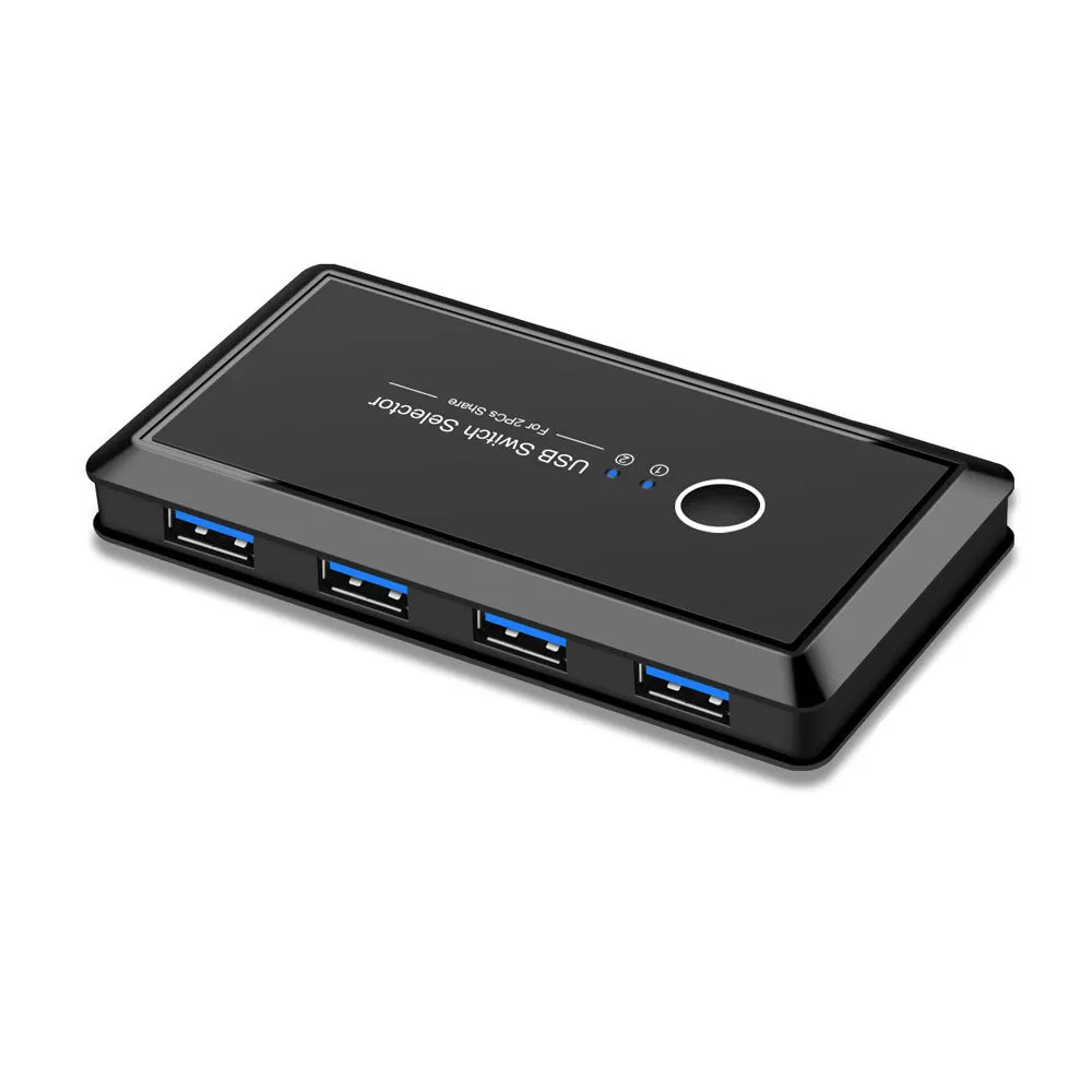 USB 3.0 two-in four-out splitter in black ABS plastic with blue indicator light for sharing devices between two computers