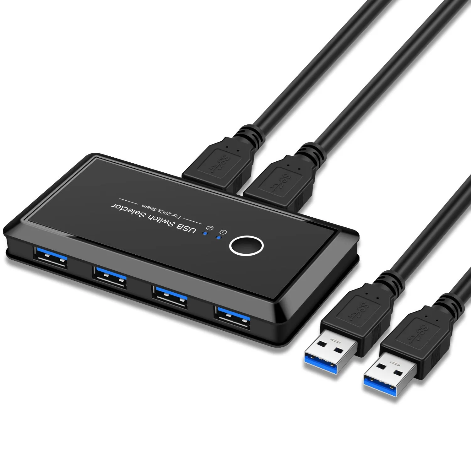 USB 3.0 two-in four-out splitter in black ABS plastic with blue indicator light for sharing devices between two computers
