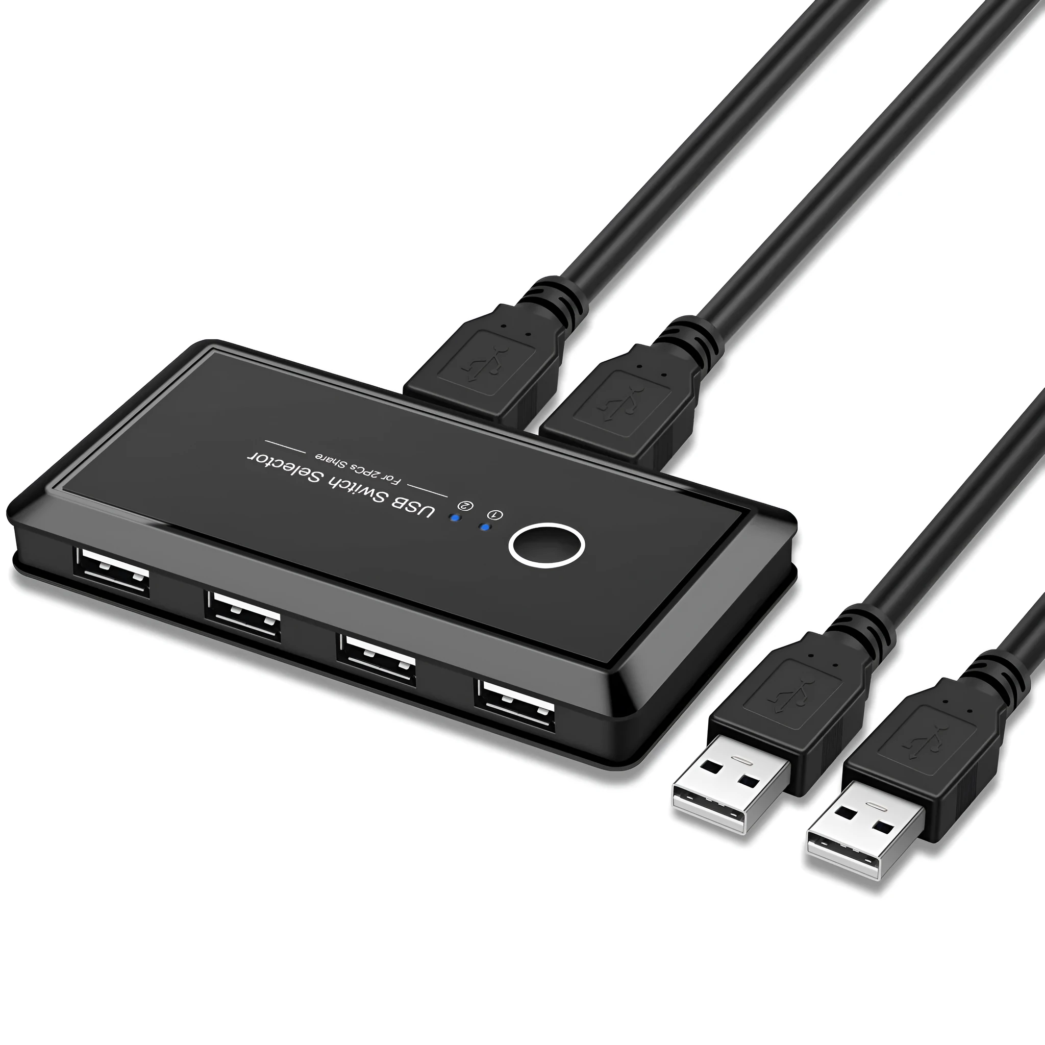 USB 3.0 two-in four-out splitter in black ABS plastic with blue indicator light for sharing devices between two computers