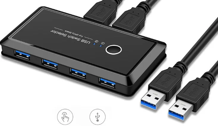 USB 3.0 two-in four-out splitter in black ABS plastic with blue indicator light for sharing devices between two computers