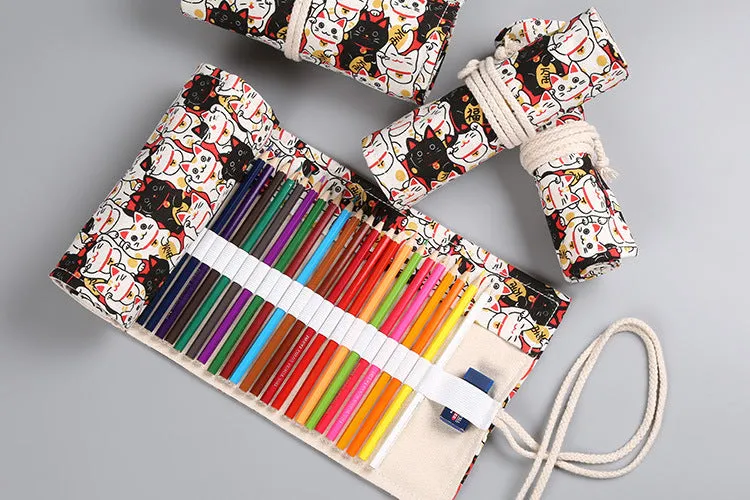 Canvas pencil wrap roll up case with elastic bands holding coloured pencils, available in multiple slot sizes