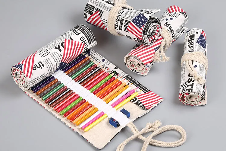 Canvas pencil wrap roll up case with elastic bands holding coloured pencils, available in multiple slot sizes