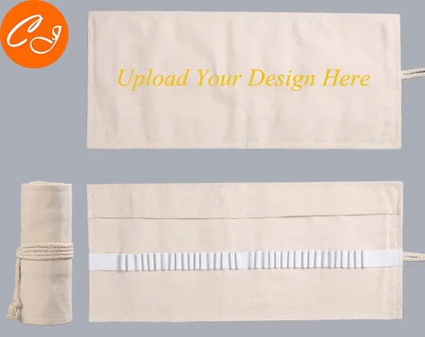 Canvas pencil wrap roll up case with elastic bands holding coloured pencils, available in multiple slot sizes