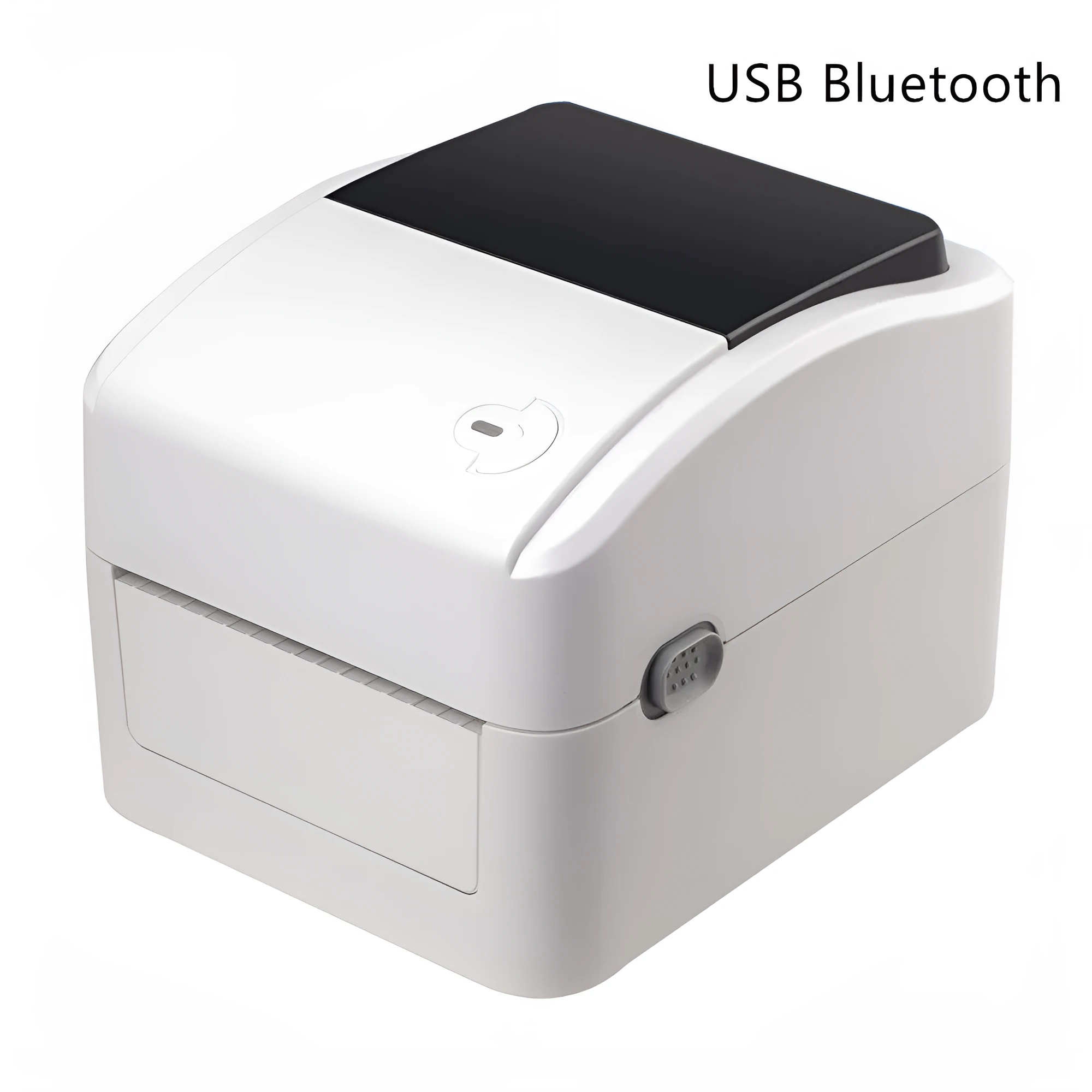 Thermal barcode printer with compact body and paper loading container, black finish, for label printing