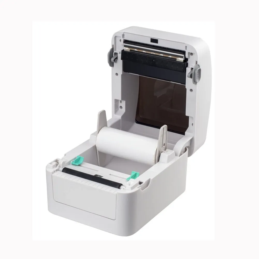Thermal barcode printer with compact body and paper loading container, black finish, for label printing