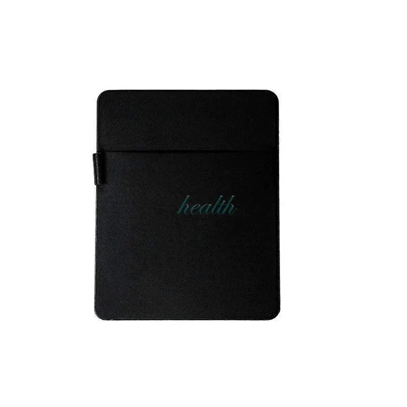Black adhesive laptop back storage bag attached to a laptop, 15x12 cm, with pen loop and small items inside