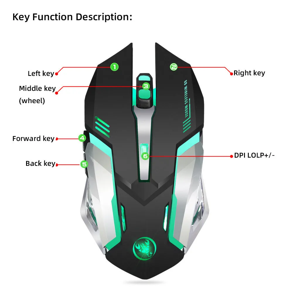 HXSJ wireless gaming mouse in black with glowing effect, side view showing ergonomic shape and buttons