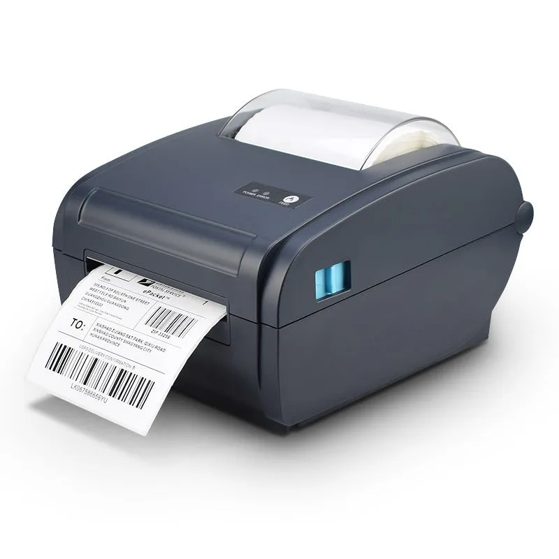 ZJ-9210 direct thermal label printer printing a 4x6 shipping label on a desk with USB cable