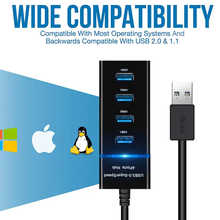 Black 4-port USB 3.0 hub with LED indicators and 29cm cable for desktop PC or laptop