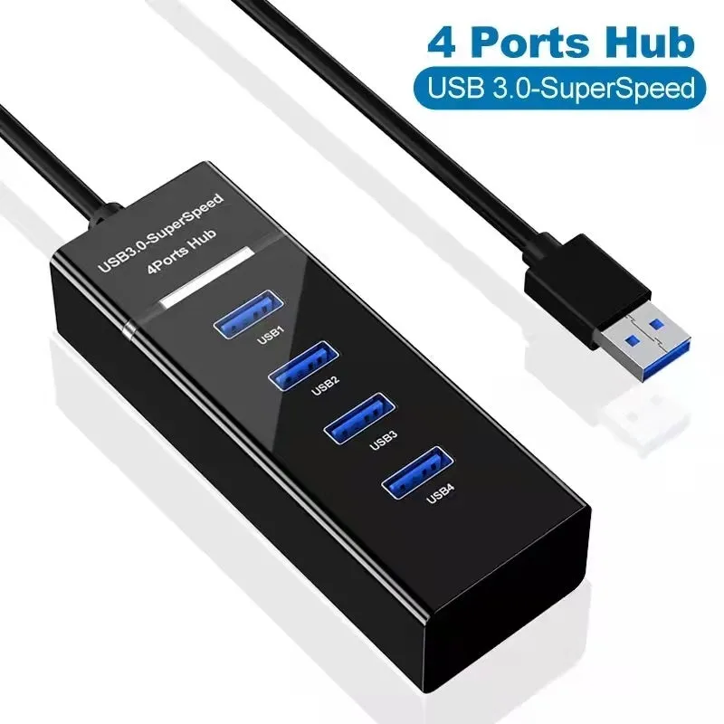 Black 4-port USB 3.0 hub with LED indicators and 29cm cable for desktop PC or laptop