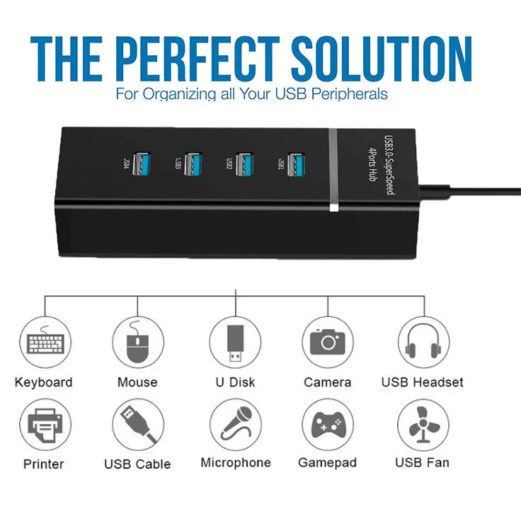 Black 4-port USB 3.0 hub with LED indicators and 29cm cable for desktop PC or laptop