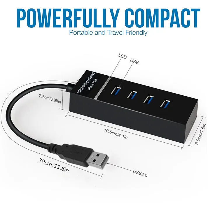 Black 4-port USB 3.0 hub with LED indicators and 29cm cable for desktop PC or laptop