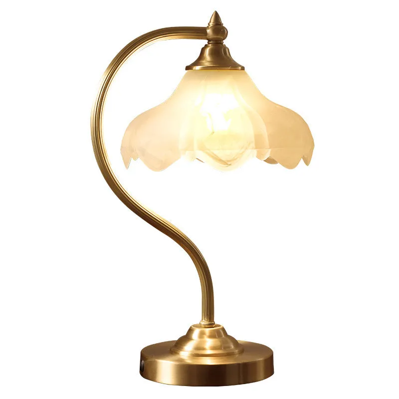 Gold copper and glass bedside lamp with fabric shade, 23cm diameter, 42cm height, on bedside table