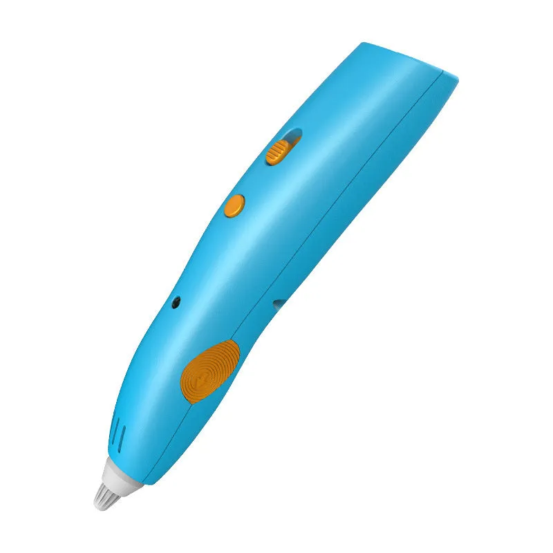 Wireless 3D printing pen for children in blue on white background, 142x29x26mm plastic design
