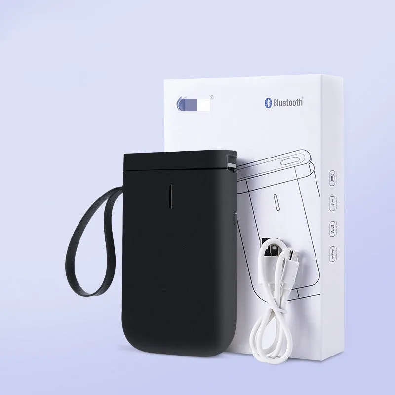 Mini portable Bluetooth thermal label printer in black, 130x75x28mm, with 203dpi print head and 15mm label roll
