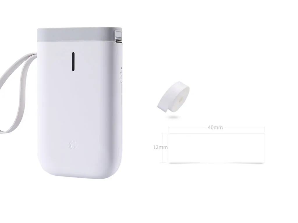 Mini portable Bluetooth thermal label printer in black, 130x75x28mm, with 203dpi print head and 15mm label roll