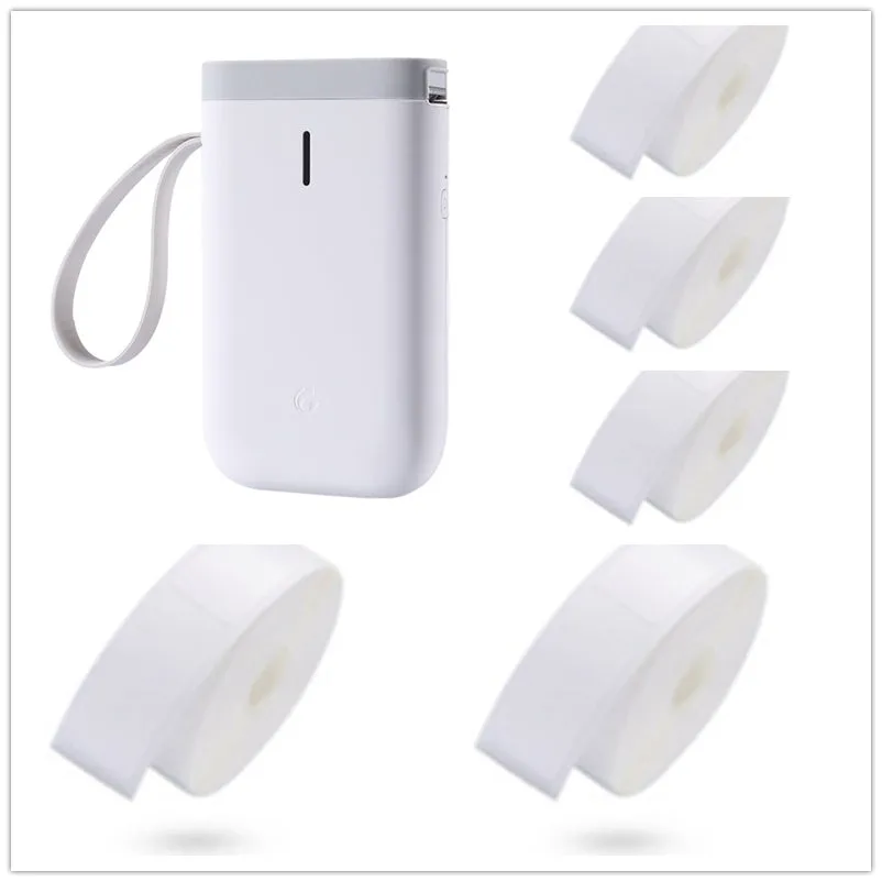 Mini portable Bluetooth thermal label printer in black, 130x75x28mm, with 203dpi print head and 15mm label roll