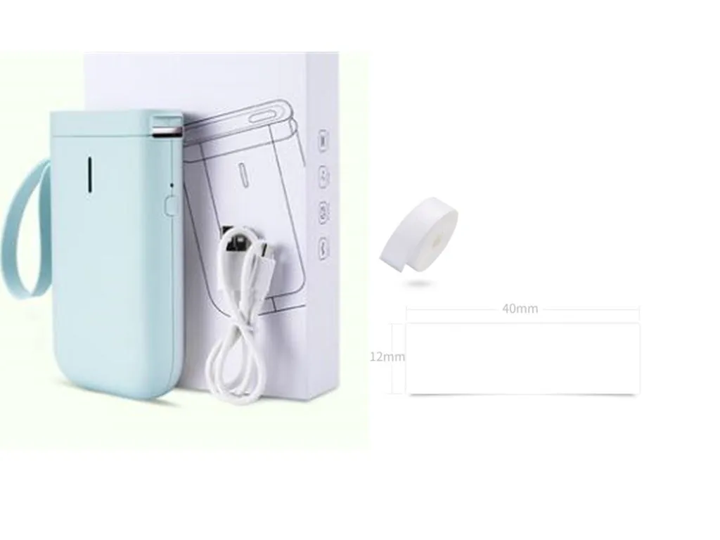 Mini portable Bluetooth thermal label printer in black, 130x75x28mm, with 203dpi print head and 15mm label roll