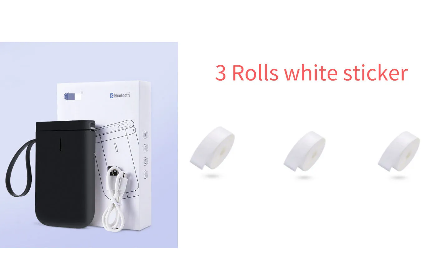 Mini portable Bluetooth thermal label printer in black, 130x75x28mm, with 203dpi print head and 15mm label roll