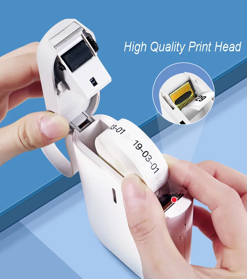 Mini portable Bluetooth thermal label printer in black, 130x75x28mm, with 203dpi print head and 15mm label roll