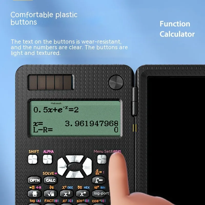 Black foldable 2-in-1 scientific calculator with handwriting tablet on blue LCD screen, ABS body, portable design