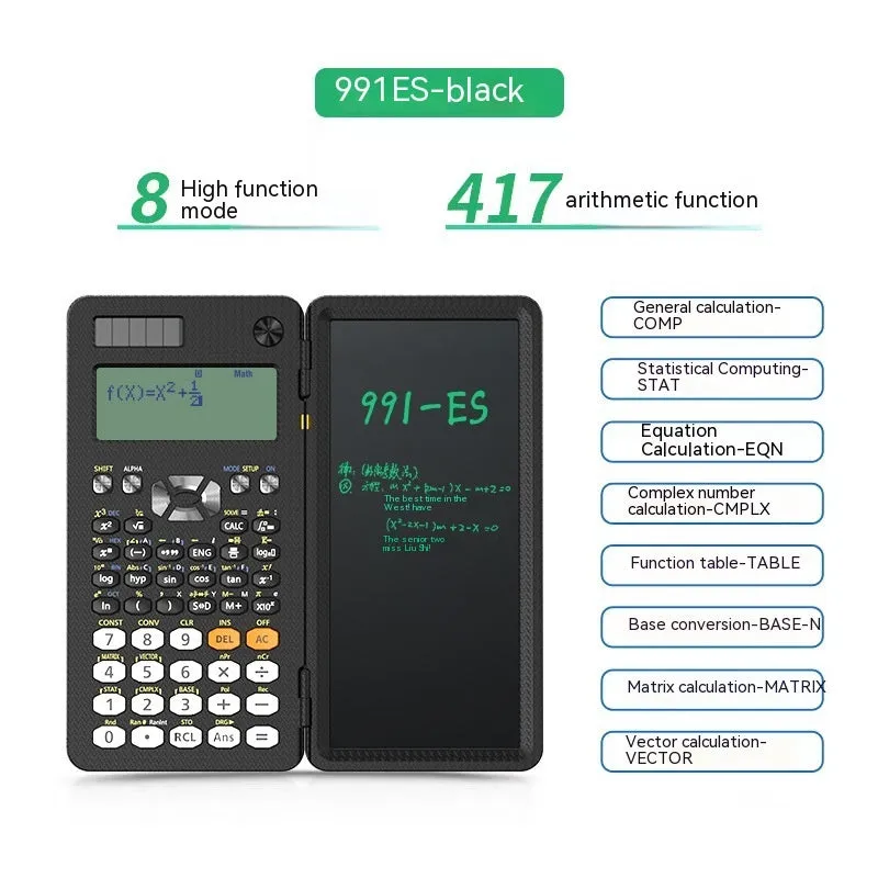 Black foldable 2-in-1 scientific calculator with handwriting tablet on blue LCD screen, ABS body, portable design
