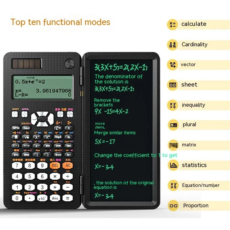 Black foldable 2-in-1 scientific calculator with handwriting tablet on blue LCD screen, ABS body, portable design