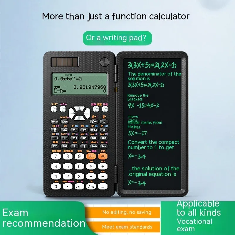 Black foldable 2-in-1 scientific calculator with handwriting tablet on blue LCD screen, ABS body, portable design