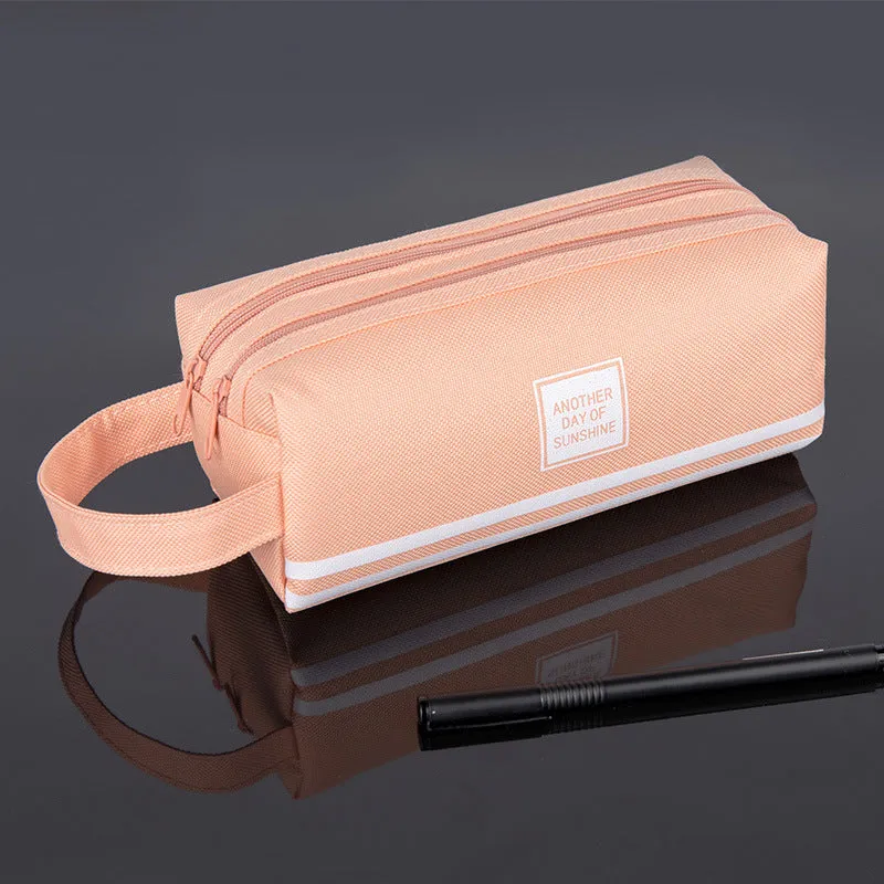 Canvas double-layer stationery box in blue Oxford cloth with double zipper, lightweight at 63g