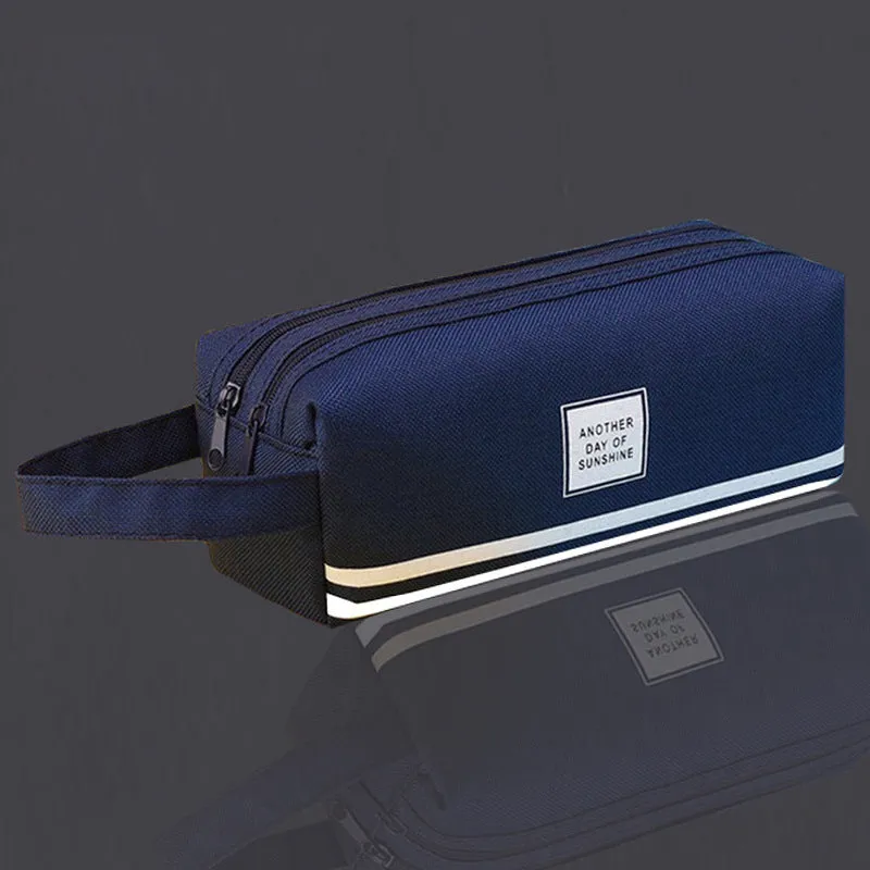 Canvas double-layer stationery box in blue Oxford cloth with double zipper, lightweight at 63g