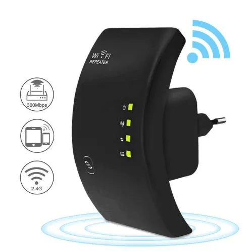 EASYIDEA WR101000 300Mbps 2.4G WiFi Repeater in black with EU plug, front view showing WPS button and ports