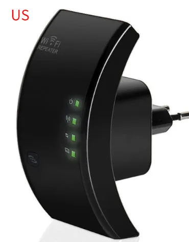 EASYIDEA WR101000 300Mbps 2.4G WiFi Repeater in black with EU plug, front view showing WPS button and ports
