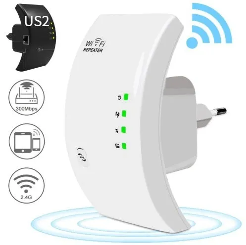 EASYIDEA WR101000 300Mbps 2.4G WiFi Repeater in black with EU plug, front view showing WPS button and ports