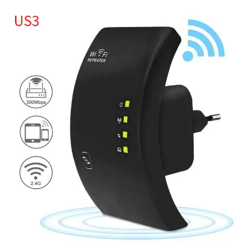 EASYIDEA WR101000 300Mbps 2.4G WiFi Repeater in black with EU plug, front view showing WPS button and ports