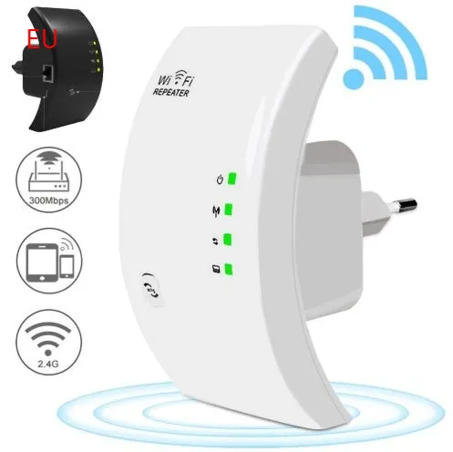 EASYIDEA WR101000 300Mbps 2.4G WiFi Repeater in black with EU plug, front view showing WPS button and ports
