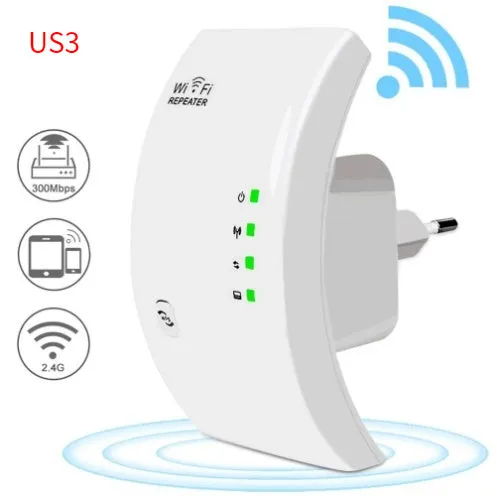EASYIDEA WR101000 300Mbps 2.4G WiFi Repeater in black with EU plug, front view showing WPS button and ports