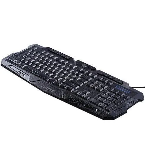 Black 3-colour LED backlit gaming keyboard with ergonomic S-shaped design and adjustable stand on desk