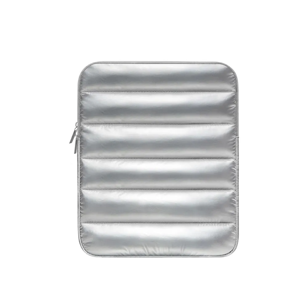 Black puff bag laptop sleeve with elastic sides for a 9.7 to 11 inch MacBook.